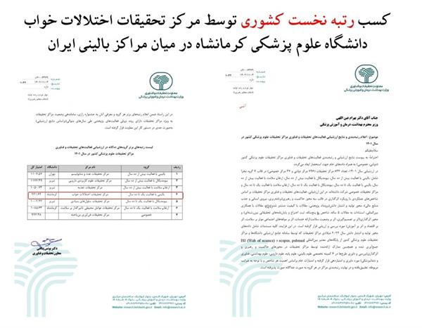 کسب رتبه نخست توسط مرکز تحقیقات اختلالات خواب دانشگاه علوم پزشکی کرمانشاه در میان مراکز بالینی کشور